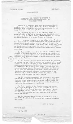White House Press Release, Executive Order 9981, Establishing the President's Committee on Equality of Treatment and Opportunity in the Armed Services