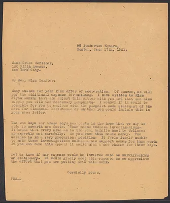 Sacco-Vanzetti Case Records, 1920-1928. Correspondence. Sacco-Vanzetti Defense Committee Correspondence to Grace Scribner, December 27, 1921. Box 41, Folder 34, Harvard Law School Library, Historical & Special Collections