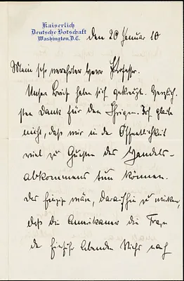 Bernstorff, Johann Heinrich, Graf von, 1862-1939 autograph letter signed to Hugo Münsterberg, Washington, D.C., 20 January 1910