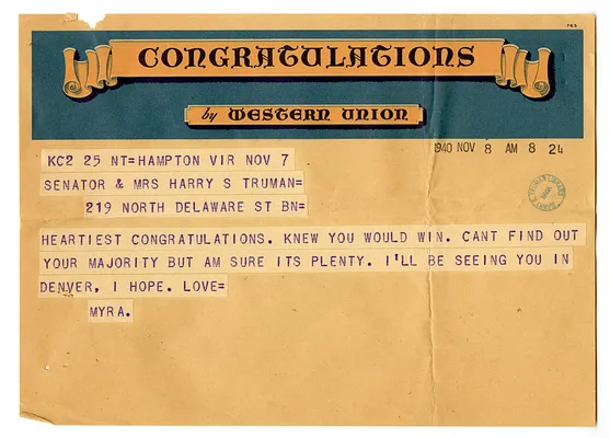Telegram from Myra Hornbuckle to Harry S. Truman