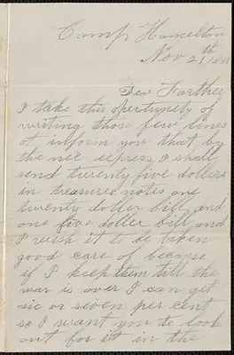 Letter from John Jubb, Camp Hamilton, to Thomas Jubb, West Chelmsford, Mass., November 21, 1861