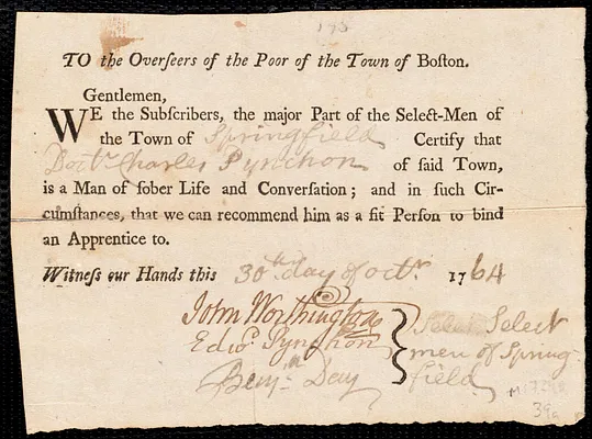Susanna Brown indentured to apprentice with Charles Pynchon of Springfield, 17 November 1764