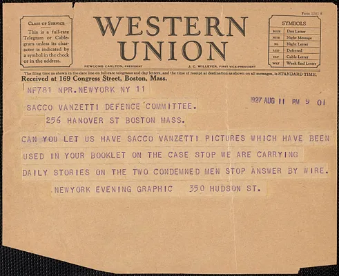 New York Evening Graphic telegram to Sacco-Vanzetti Defense Committee, New York, N.Y., August 11, 1927