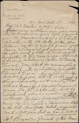 Albert Day autograph letter signed to [Victoria Woodhull] Martin and [Zula Maud Woodhull], New York, October 10, 1890