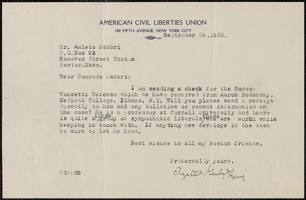 Elizabeth Gurley Flynn (American Civil Liberties Union) typed letter signed to Amleto Fabbri, New York, N.Y., September 24, 1925