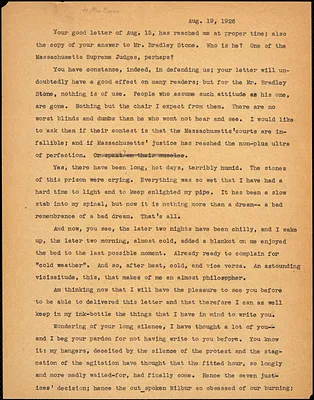 Bartolomeo Vanzetti typed letter (copy) to [Elizabeth Glendower Evans], [Charlestown], 19 August 1926 ; Bartolomeo Vanzetti typed note (copy) to [Elizabeth Glendower Evans], [Charlestown], 4 September 1926