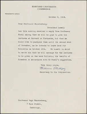 Phillips, William, 1878-1968 typed letter signed to Hugo Münsterberg, Cambridge, Mass., 08 October 1913