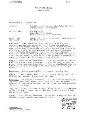 Telephone Conversation with Prime Minister Benazir Bhutto of Pakistan, January 23, 1989