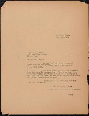 Sacco-Vanzetti Defense Committee typed letter (copy) to Mrs. T. M. Nagle, Boston, Mass., May 21, 1927