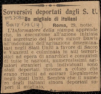 Clipping from an Italian newspaper, [1920-1927]