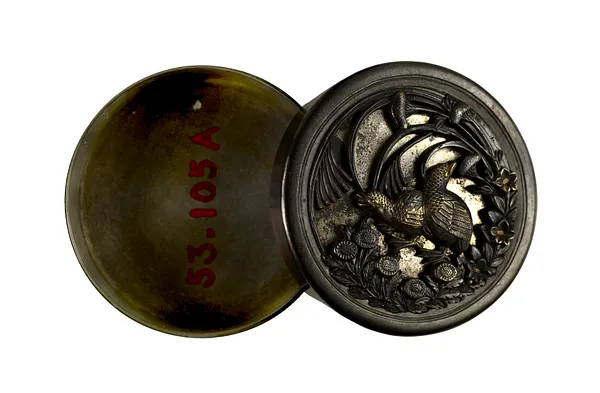 Small covered circular box decorated with quail and flowers