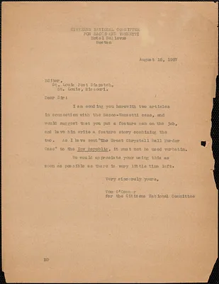 Tom O'Connor (Citizens National Committee for Sacco and Vanzetti) typed letter (copy) to Editor, St Louis Post-Dispatch, Boston, Mass., August 18, 1927
