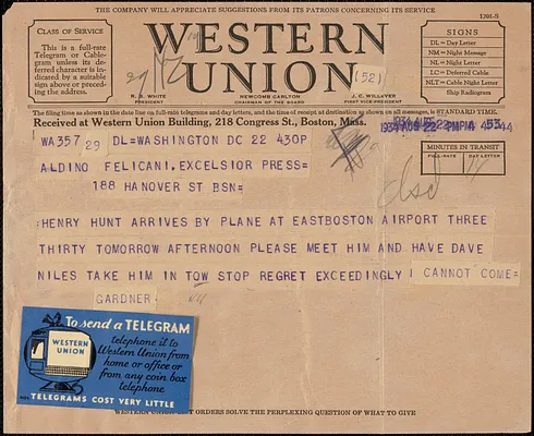 Gardner [Jackson] telegram to Aldino Felicani, Washington, D. C., August 22, 1934