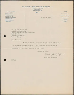 Elizabeth Gurley Flynn (The American Fund for Public Service) typed note signed to Amleto Fabbri and Aldino Felicani, New York, N.Y., April 17, 1925
