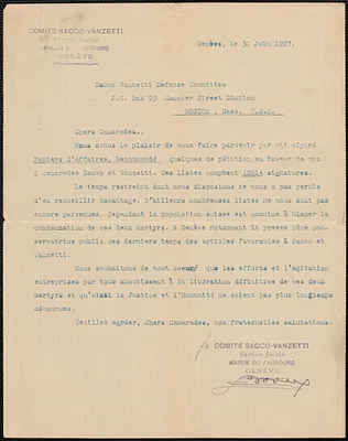 Comité Sacco-Vanzetti, Section Suisse typed letter signed, in French, to Sacco-Vanzetti Defense Committee, Geneva, Switzerland, June 30, 1927
