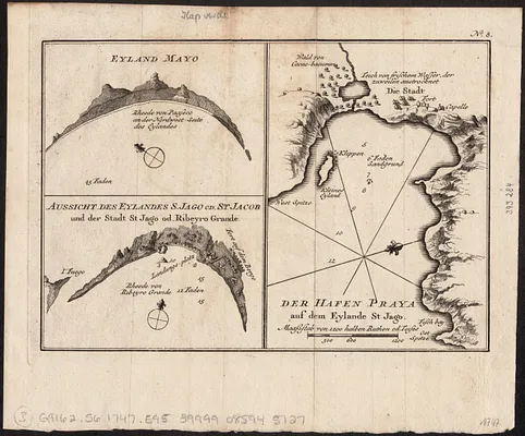 Eyland Mayo ; Aussicht des eylandes S. Jago od. St Jacob und der stadt St Jago od. Ribeyro Grande ; Der hafen Praya auf dem eylande St Jago