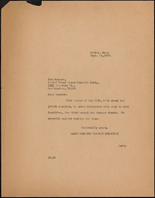 Joseph Moro (Sacco-Vanzetti Defense Committee) typed note (copy) to Tom Connors (Los Angeles United Front Sacco-Vanzetti Conference), Boston, Mass., September 30, 1927