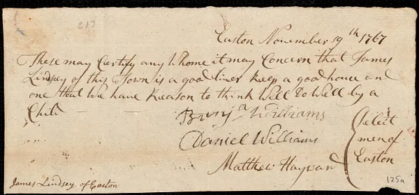 Samuel Cherry indentured to apprentice with James Lindsay of Easton, 7 January 1768