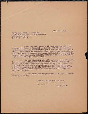 Sacco-Vanzetti Defense Committee typed letter (copy), in Italian, to Luigi Barzini (Corriere d'America), February 25, 1925