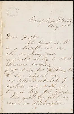 Letter from William Jubb, Camp E.M. Stanton, to Thomas Jubb, West Chelmsford, Mass., August 13, [1862]