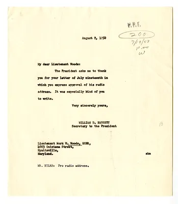 Letter from Lieutenant Mark Woods to President Harry S. Truman with a Reply from William D. Hassett