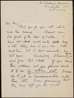 Edith Jackson (U. S. Childrens' Bureau) autograph letter signed to Mary Donovan, Washington, D. C., October 17, 1927