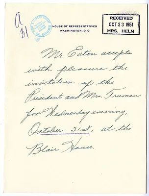 Invitation Reply from Congressman Charles A. Eaton to the White House Social Office