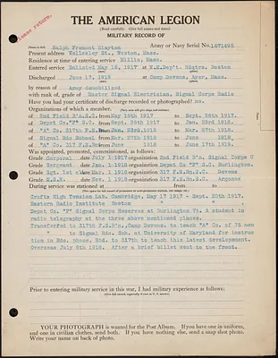 American Legion military record of Ralph Fremont Slayton