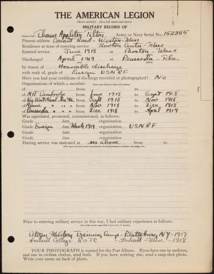 American Legion military record of Thomas Appleton Tilton