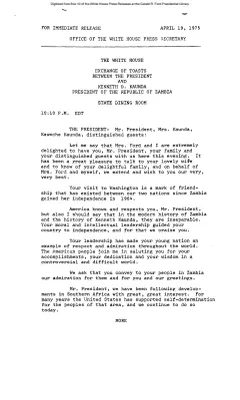 Exchange of Toasts between the President and Kenneth D. Kaunda, President of the Republic of Zambia