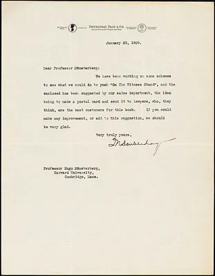 Doubleday, Frank Nelson, 1862-1934 typed letter signed to Hugo Münsterberg, New York, 23 January 1909