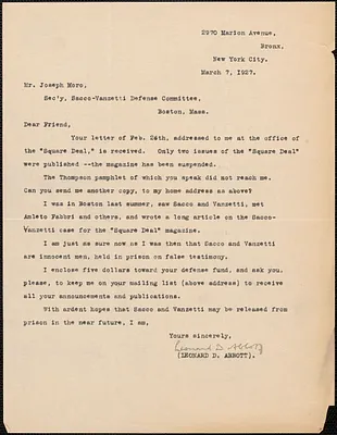 Leonard D. Abbott (The Square Deal) typed letter signed to Joseph Moro (Sacco-Vanzetti Defense Committee), New York, N.Y., March 7, 1927