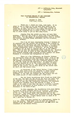 White House Press Release, Remarks of President Harry S. Truman, Indianapolis, Indiana