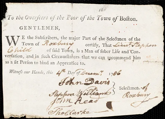 Betsey Pool indentured to apprentice with Stephen Child of Roxbury, 24 November 1786