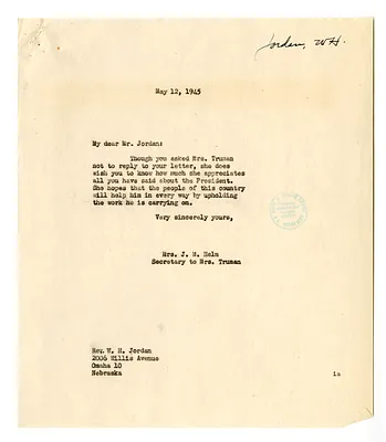 Letter from Reverend W. H. Jordan to Bess W. Truman with a Reply from Edith Helm