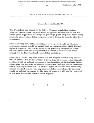 President Signs H.R. 6485, Tobacco marketing quotas [Signing Statements and Announcements]