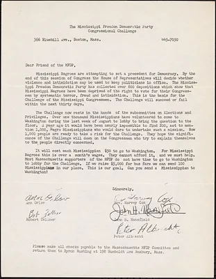 Letter requesting funds to send Mississippians to Congress on behalf of Mississippi Freedom Democratic Party Congressional Challenge