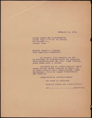 Sacco-Vanzetti Defense Committee typed letter ( copy), in Italian, to N. Toscano (Ordine Figli d'Italia, Grande Loggia del Massachusetts) , Boston, Mass., February 19, 1925