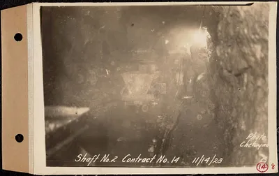 Contract No. 14, East Portion, Wachusett-Coldbrook Tunnel, West Boylston, Holden, Rutland, muck car in tunnel at Shaft 2, Holden, Mass., Nov. 14, 1928