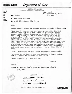 Telegram from Secretary of State Dean Acheson to President Harry S. Truman