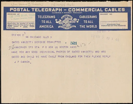 James P. Cannon (International Labor Defense) telegram to Sacco-Vanzetti Defense Committee, Chicago. Ill., May 7, 1927
