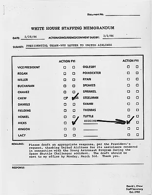 White House Staffing Memorandum, re letter from Ronald Reagan to United Airlines in wake of space shuttle Challenger disaster