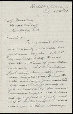 Holt, William L., fl.1907 autograph letter signed to Hugo Münsterberg, Heidelberg, Ger., 29 July 1907