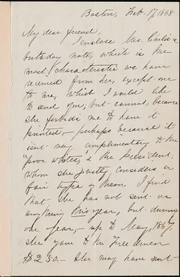 Charlotte L. Forten autograph letter signed to [Thomas Wentworth Higginson], Boston, 17 February 1868