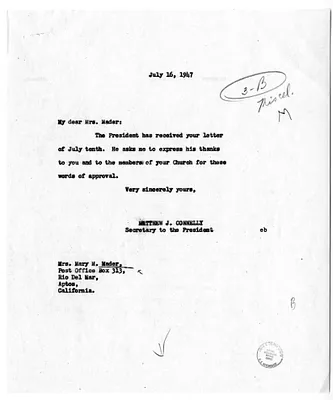 Letter from Mrs. Mary Mader to President Harry S. Truman, with a Reply from Matthew Connelly