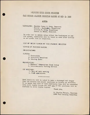 Agenda for LCRC Fair Housing Standing Committee Meeting, October 1964