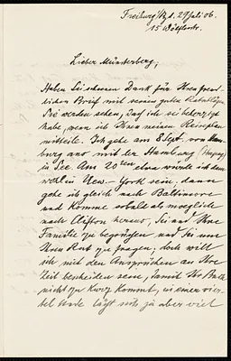 Keibel, Franz, 1861-1929 autograph letter signed to Hugo Münsterberg, Freiburg i.B., 29 July 1906