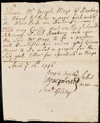 Elisabeth [Elizabeth] Pearce indentured to apprentice with Joseph Mayo of Roxbury, 30 April 1746