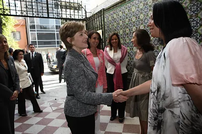 Mrs. Laura Bush Is Greeted on Her Arrival to a Meeting of the Mexican Association Against Breast Cancer (Fundacion Cim*Ab) in Mexico City