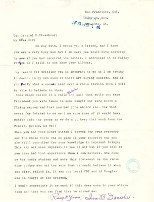 Letter from Iva B. Daniels and response regarding flying saucers